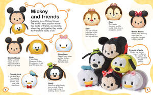 迪士尼 Tsum Tsum 毛絨角色堆疊成金字塔形狀，附有描述。 — 低飽和度 壁紙