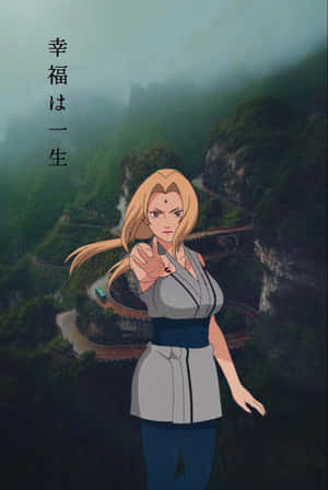 穿著灰色服裝的動漫女性站在懸崖上，俯瞰蜿蜒的山路。 — 火影忍者 壁紙