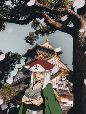 穿著綠色長袍的動漫女孩站在櫻花樹下，身後是大阪城。