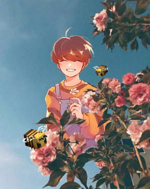 動畫男孩在粉紅櫻花中微笑，附近有像素蜜蜂飛舞。