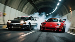 兩輛豐田飄移車在隧道內競速，身後留下煙霧。