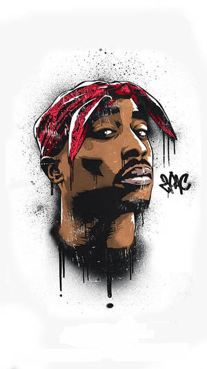 Tupac Shakur的肖像，戴著紅色頭巾，白色背景上有黑色墨水滴。