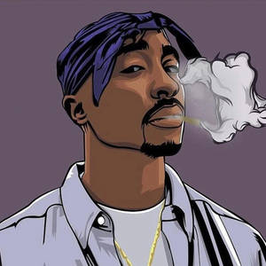 Tupac Shakur在風格化插圖中吸煙，帶有煙霧雲，戴著紫色頭巾和金鏈。