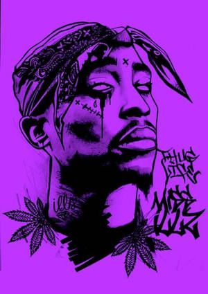 Tupac Shakur 的紫色和黑色插圖，帶有頭巾、淚滴和大麻葉。