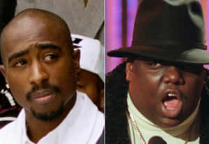 Tupac Shakur 與 Biggie Smalls 在音樂表演中的分割肖像。