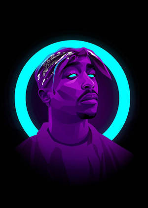 Tupac Shakur 肖像，紫色，帶有發光的青色光環，黑色背景。