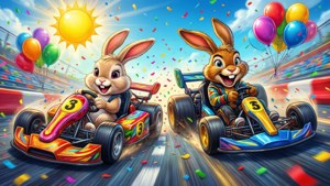 兩隻卡通兔在陽光燦爛的場景中駕駛色彩繽紛的高卡車，伴有五彩紙屑和氣球。