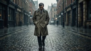 穿著風衣的男人在夜晚的雨中鵝卵石街道上行走。
