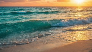 夕陽下的海洋，藍綠色海浪拍打沙灘