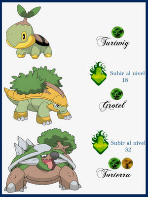 三隻草屬性寶可夢進化形態 Turtwig Grotel 和 Torterra 附有西班牙語升級文字。