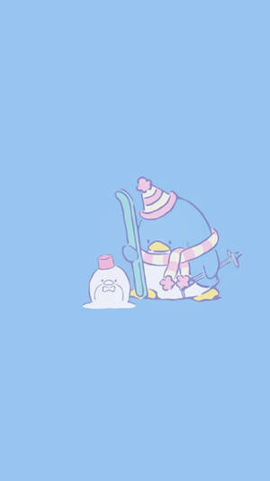 卡通企鵝手持滑雪板，旁邊有一個雪人，背景為藍色。 — 雪人 壁紙