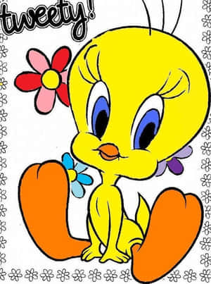 一隻藍眼睛、橙色腳的黃色卡通鳥，被花朵環繞。 — 鳥 壁紙
