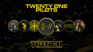 Twenty One Pilots 的《Trench》專輯封面，帶有圓形圖標和粗體黃色文字。