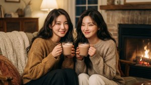兩位女性在舒適客廳的壁爐旁享用熱飲。 — Twice 壁紙