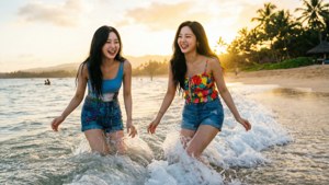 兩位女性在日落海灘上，棕櫚樹旁，海浪中大笑。