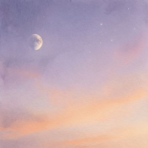 新月和星星在粉彩薰衣草和蜜桃色水彩天空中