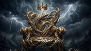 金色和銀色的扭曲王座，頂端鑲有寶石王冠，背景是雷電交加的暴風雨天空。