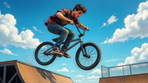 年輕男子在晴朗的天空下表演BMX跳躍越過坡道。