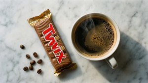 冒煙的咖啡杯和Twix朱古力棒放在大理石上，伴有咖啡豆