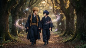 兩個動漫男孩在日落時分的魔法森林中牽手。