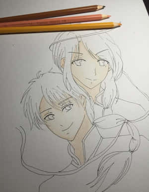 兩個動漫角色在柔和的素描中擁抱，附近有彩色鉛筆。 — 動漫情侶 壁紙