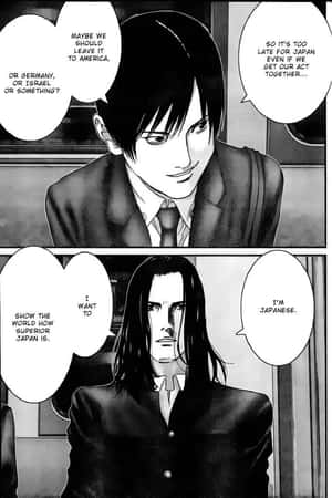 兩個穿著西裝的動漫男子以強烈的表情討論日本的全球地位。 — 日本 壁紙
