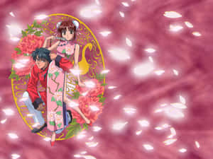 穿著傳統服飾的動漫情侶被飄落的櫻花環繞。 — 幽遊白書 GIF 壁紙