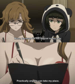 兩個動漫女孩，一個穿著熊貓連帽衫，另一個戴著眼鏡，坐在室內，其中一個用筆在筆記本上寫字。 — Honor Magic V 壁紙
