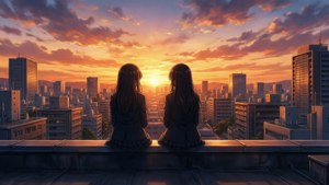 兩個剪影女孩坐在屋頂上觀看城市上空的日落。