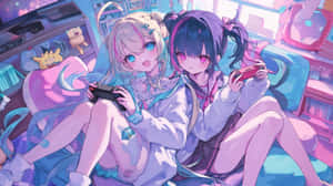兩位動漫女孩在色彩繽紛的房間的沙發上玩電子遊戲。 — 動漫房間 壁紙