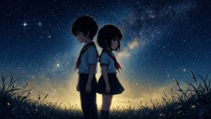 兩個穿著校服的動漫學生在星空下背對背站立。