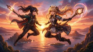 兩位動漫魔法師在日落時分躍過發光的海洋，揮舞著魔法杖。