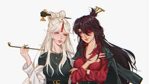 兩個動漫角色，一個白髮手持煙斗，另一個黑髮穿紅襯衫。 — 原神 壁紙