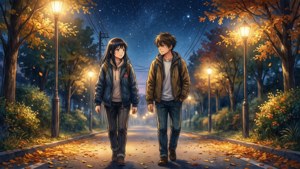 兩個動漫青少年在星空下，在落葉滿地的秋夜裡走在路燈下。