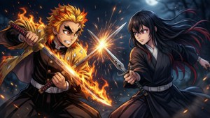 兩位動漫戰士在滿月下火花四濺的激烈夜間戰鬥中刀劍相擊。