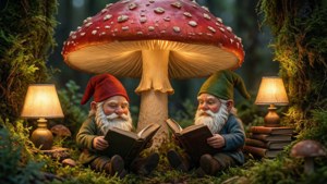 兩個地精在森林裡一個巨大的蘑菇下看書，旁邊有燈。
