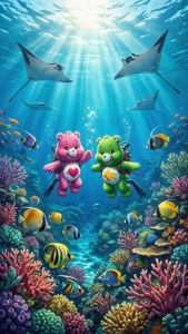 兩隻Care Bears探索色彩繽紛的珊瑚礁，有魚類和魔鬼魚。
