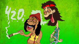 兩個卡通角色吸食大麻並大笑，帶有「420」煙霧。