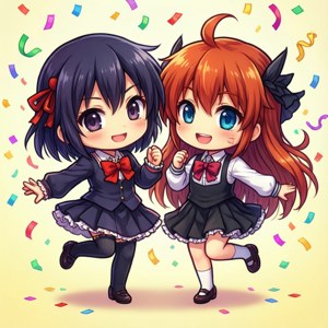 兩個穿著校服的動畫女孩在紙屑飄落時跳躍。 — Infinix Zero 壁紙