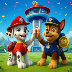 兩隻卡通救援犬在草地上擊掌，周圍有五彩紙屑飄落。