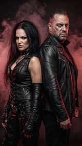 兩個身穿皮革的嚴肅人物在煙霧瀰漫的紅色燈光下背對背站立。