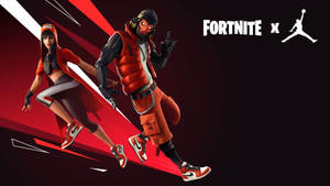 兩個Fortnite角色穿著紅色Jordan裝備，擺姿勢並帶有運動線條。