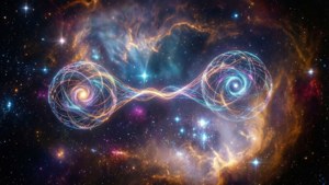 兩個發光的宇宙球體在繁星點點的星雲中由旋轉的能量連接。