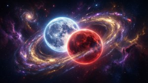 兩顆發光的行星在一個色彩繽紛的宇宙星雲中運行，伴有旋轉的雲層和恆星。