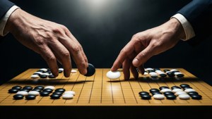 兩名玩家在聚光燈下將圍棋棋子放在木製棋盤上。