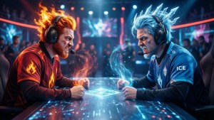 兩位競爭玩家在發光的遊戲桌上以火與冰魔法交戰。