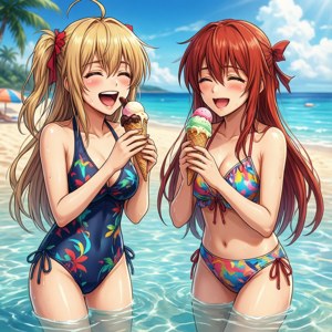 兩個動畫女孩在海灘的海水中大笑並吃雪糕。 — Pixel Watch 壁紙