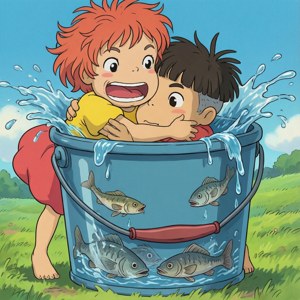 兩個孩子在草地上笑著，在裝有魚的水桶裡潑水。