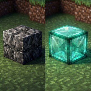 兩個Minecraft方塊，一個石頭一個發光綠寶石喺草地上