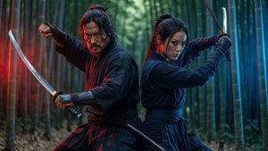 兩名身穿深色長袍的武士在紅藍光籠罩的竹林中持劍擺好姿勢。